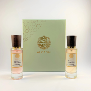 AlGadhi Perfume Set with two elegant bottles - Rose Jasmine and Rose Tobacco in a premium packaging