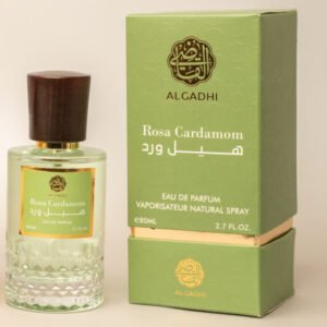A luxurious 80ml bottle of Rosa Cardamom Perfume by AlGadhi with its elegant green packaging