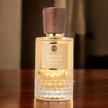 عطر فانيلا ورد القاضي - زجاجة عطر على طاولة خشبية