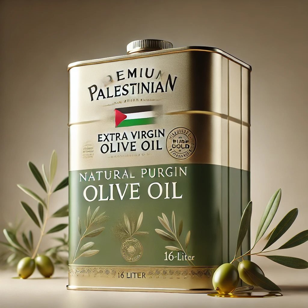 زيت الزيتون الفلسطيني البكر الممتاز: الجودة والطعم الأصيل 1 علبة معدنية أنيقة بسعة 16 لترًا من زيت الزيتون الفلسطيني البكر الممتاز، بتصميم فاخر يجمع بين الألوان الترابية والزخارف الراقية، مع إبراز علم فلسطين وعلامات الجودة.