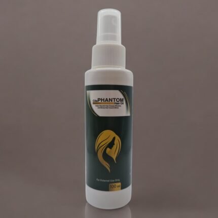 زيت سيلا فانتوم في زجاجة أنيقة على خلفية بنية - تغذية مكثفة ولمعان طبيعي للشعر.