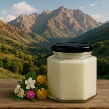 عبوة عسل المجرى برطمان سداسي زجاجي مع خلفية منظر جبال اوزباكستان وزهور
