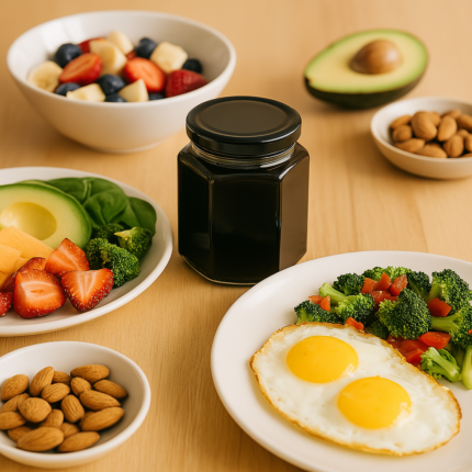 مائدة فطور صحية تضم فواكه وخضار وبيض إلى جانب عسل سمرة بلدي طبيعي عسل سمرة بلدي طبيعي 100%