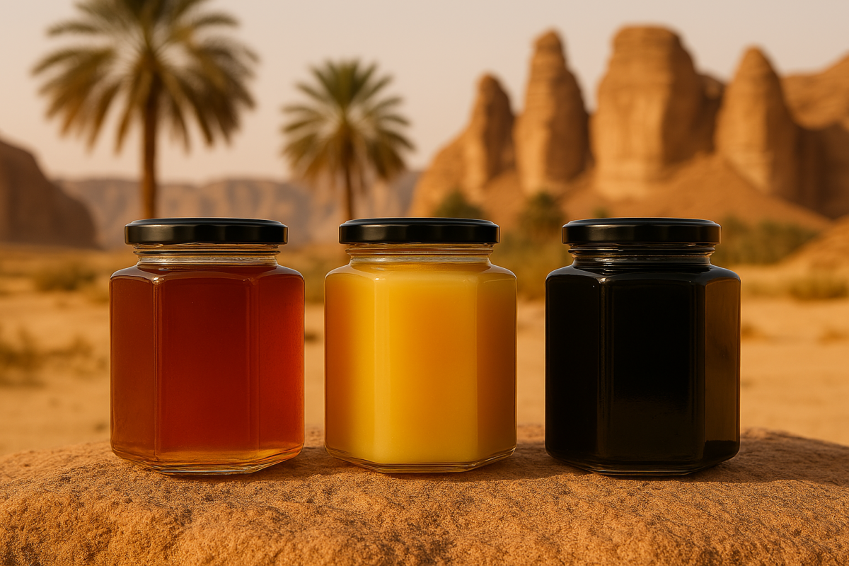 ثلاث عبوات زجاجية من العسل البلدي الطبيعي بألوان مختلفة على خلفية من البيئة السعودية الصحراوية