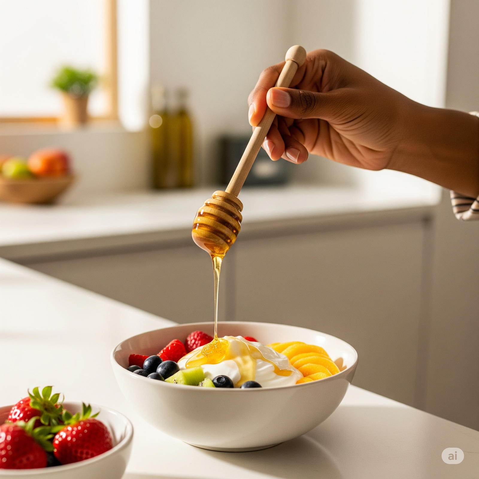 أفضل عسل طبيعي في السعودية لعام 2025: الجودة، الفوائد، والأسعار 2 يد تسكب عسل طبيعي نقي من أجود أنواع العسل في السعودية على طبق فواكه وزبادي، مما يبرز الاستخدامات الصحية لـ **أفضل عسل طبيعي في السعودية 2025** وكيف يساهم **عسل طبيعي نقي في السعودية 2025** في وجبة مغذية.