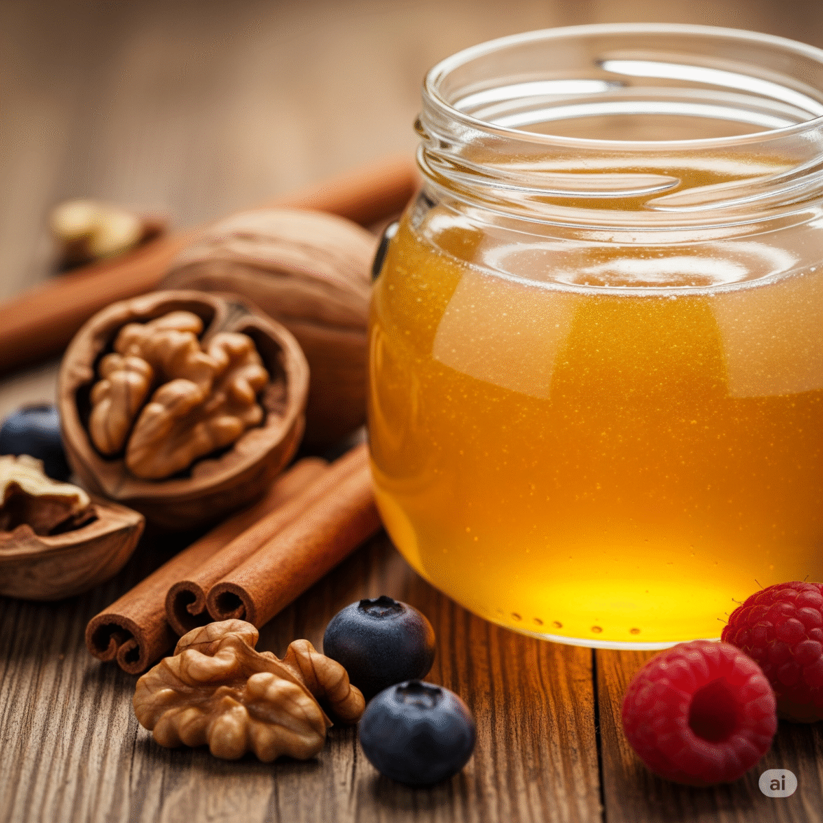 أفضل عسل طبيعي في السعودية لعام 2025: الجودة، الفوائد، والأسعار 3 وعاء زجاجي لعسل طبيعي نقي فاخر، يمثل **أفضل عسل طبيعي في السعودية 2025**، معروض على طاولة خشبية ومحاطاً بالجوز والقرفة والتوت. تؤكد هذه الصورة على الجودة الأصيلة لـ **عسل طبيعي نقي في السعودية 2025**.