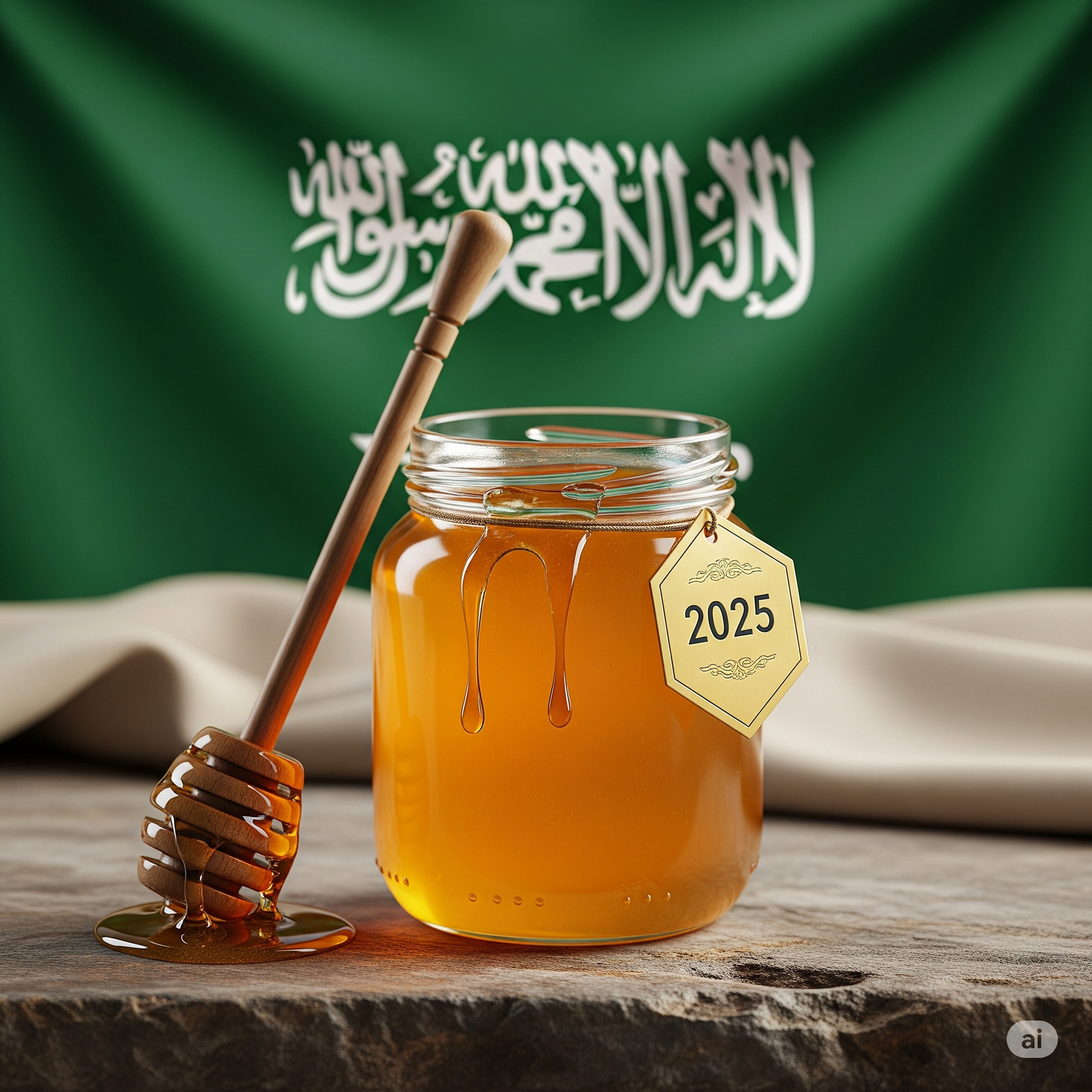 أفضل عسل طبيعي في السعودية لعام 2025: الجودة، الفوائد، والأسعار 1 صورة واقعية لوعاء عسل طبيعي نقي عالي الجودة مع مغرفة، تبرز مكانته كـ **أفضل عسل طبيعي في السعودية 2025**. تتضمن الصورة علم المملكة العربية السعودية وتاريخ 2025، مؤكدة على تميز هذا **عسل طبيعي نقي في السعودية 2025**.